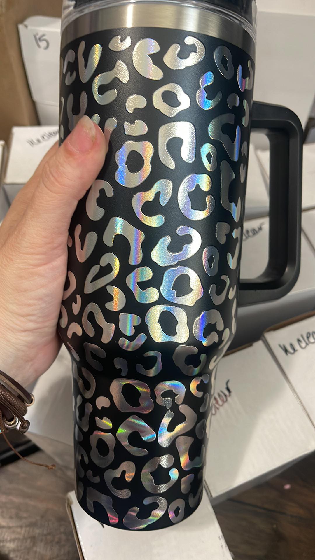 Leopard design engraved stainless steel insulated tumbler with lid and straw