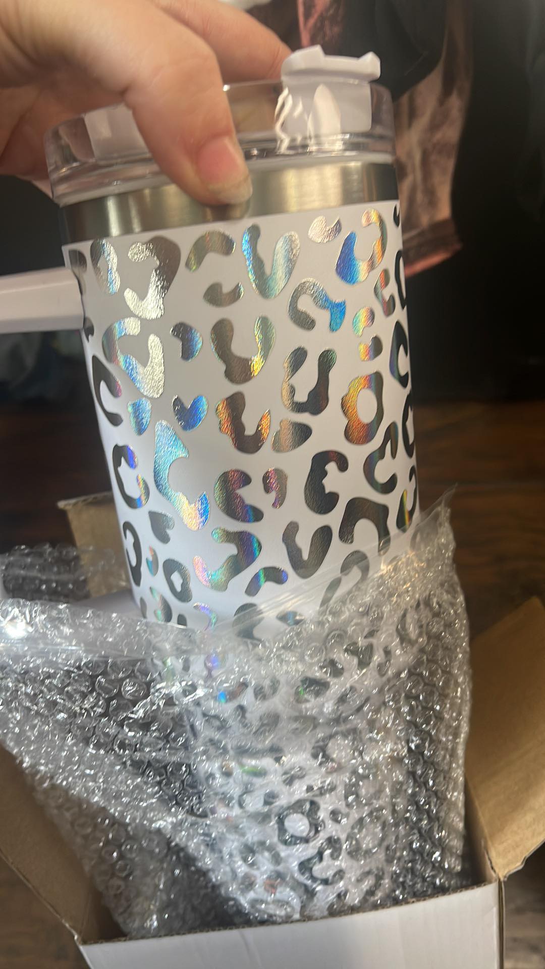 Leopard design engraved stainless steel insulated tumbler with lid and straw