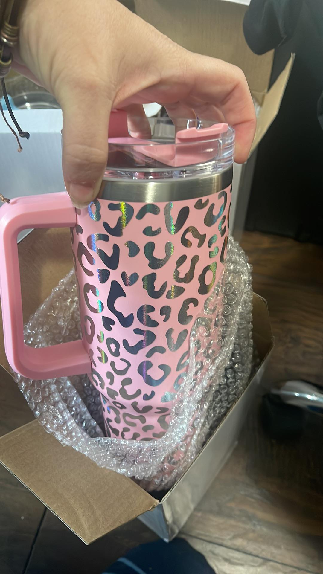 Leopard design engraved stainless steel insulated tumbler with lid and straw