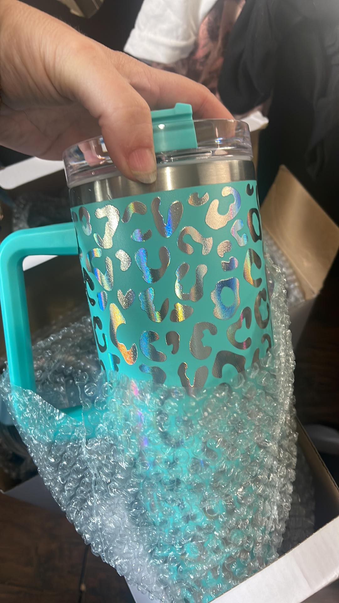 Leopard design engraved stainless steel insulated tumbler with lid and straw