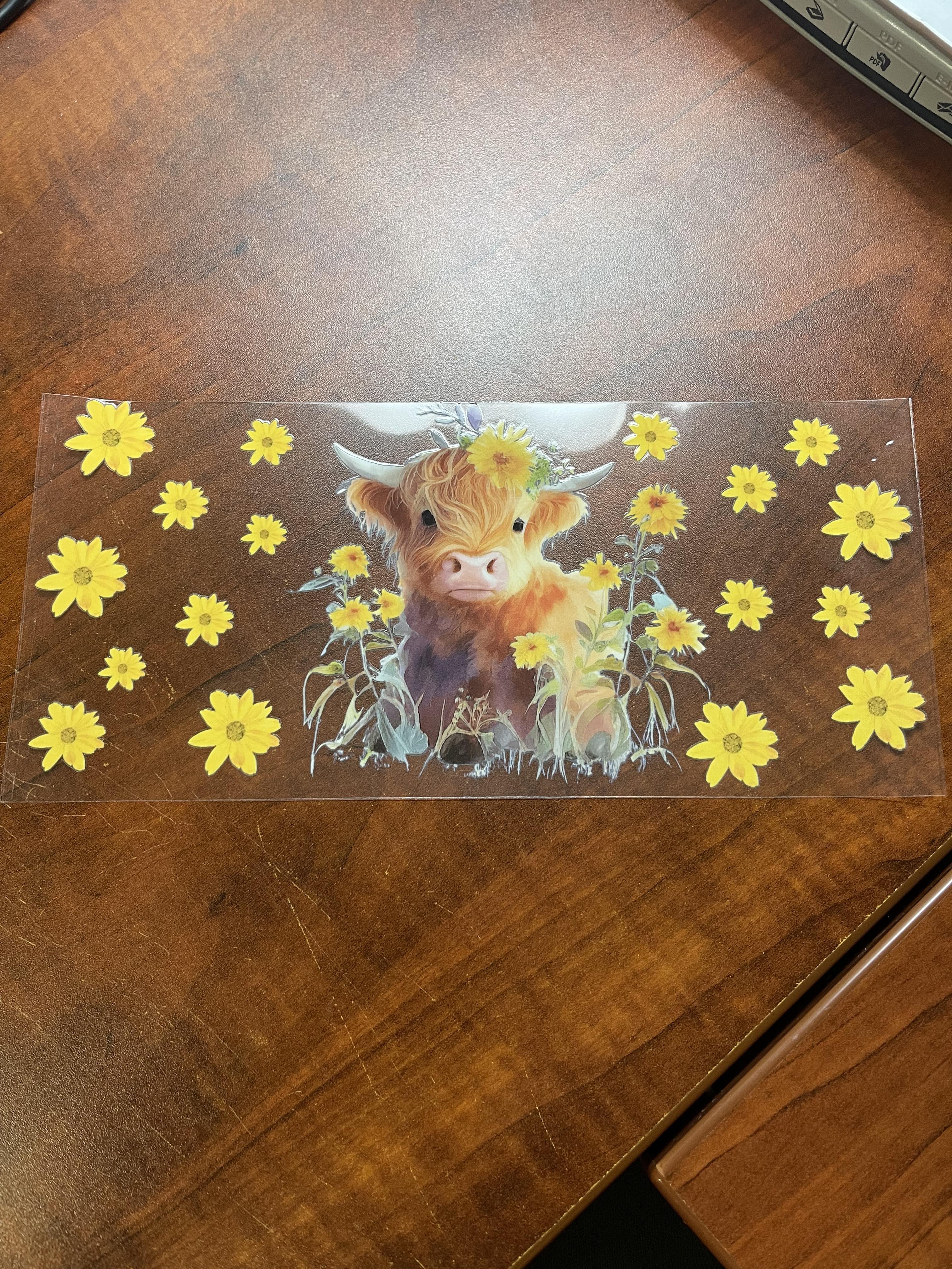 Highland cow yellow flowers UV DTF transfer, 16 oz libbey size