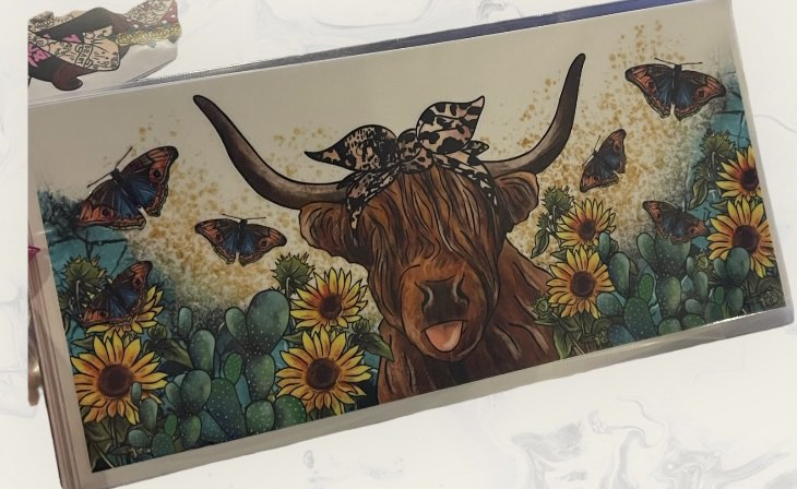 Cow with cactus and butterflies UV transfer, 16 oz libby size