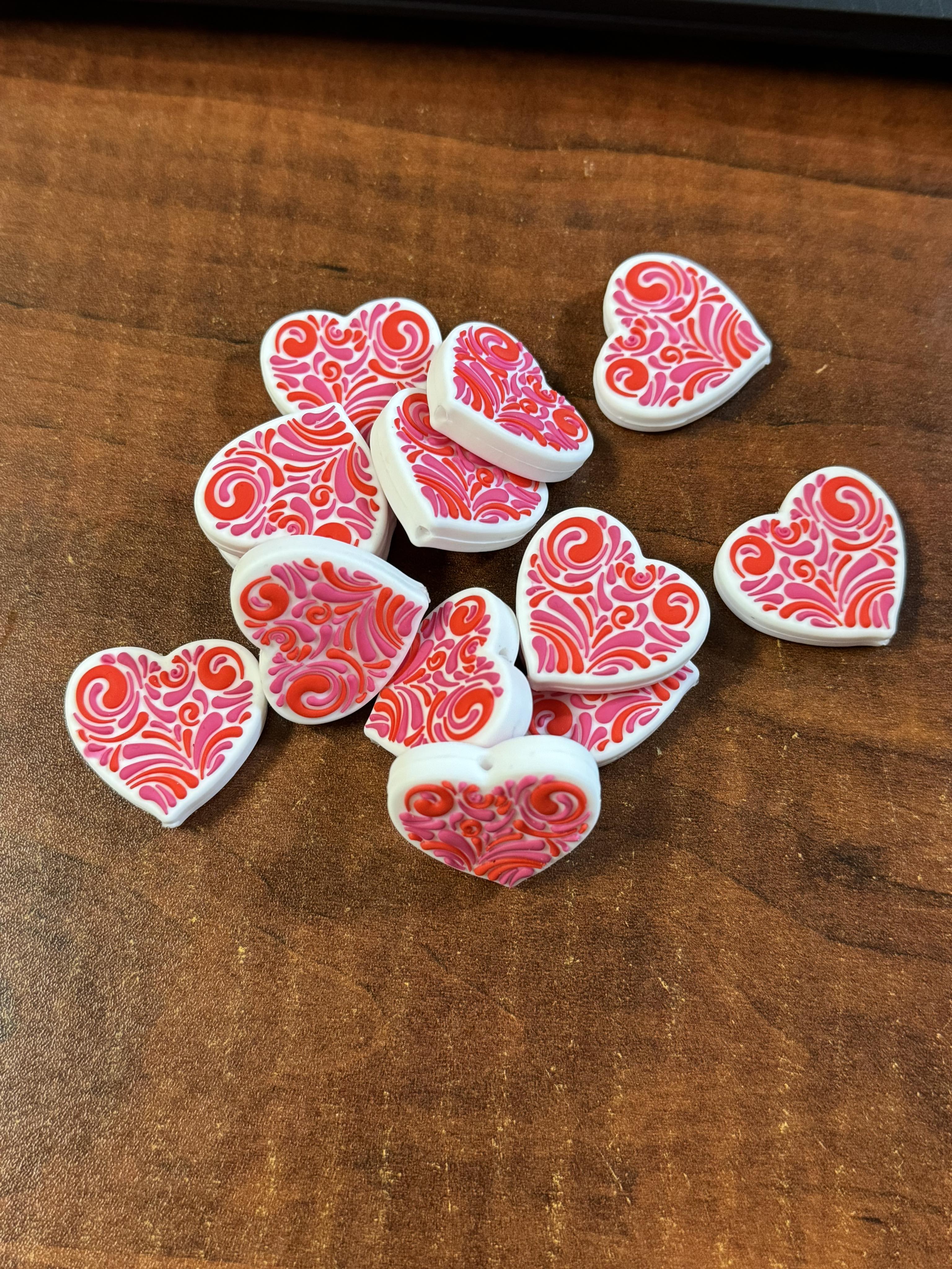 Hearts with red swirl design silicone focal, for beadable items like pens