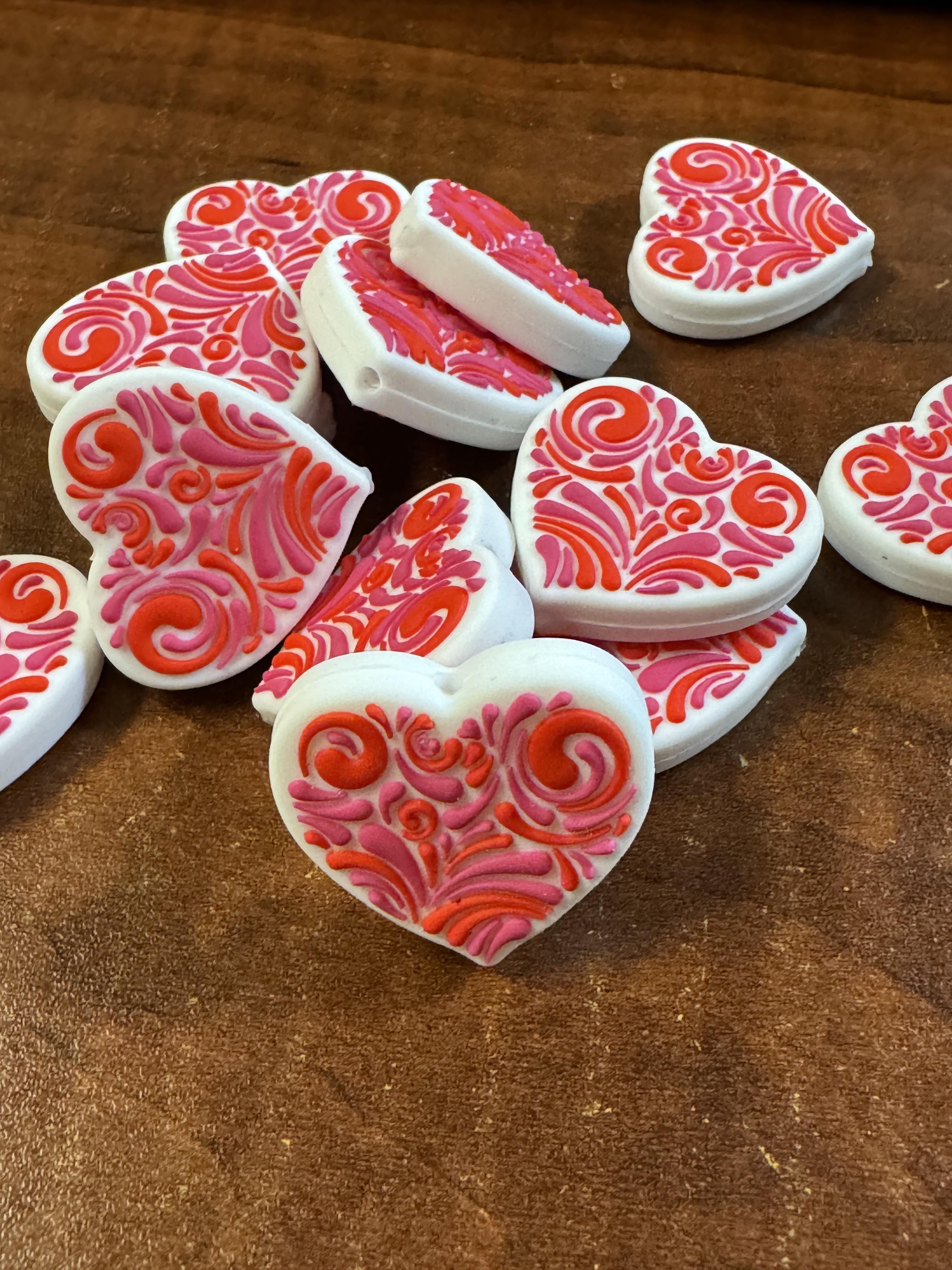 Hearts with red swirl design silicone focal, for beadable items like pens