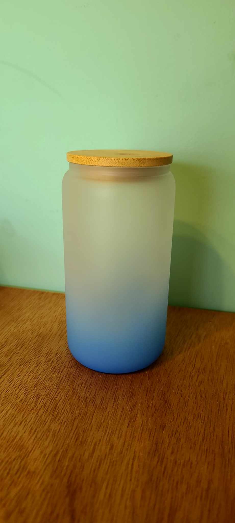 Ombre frosted  glass with bamboo colored lid and straw, 16 oz