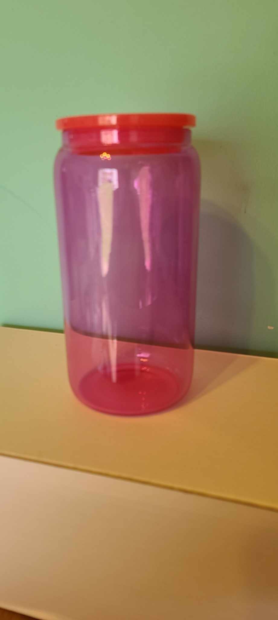 Jelly glass with plastic colored lid and straw, 16 oz