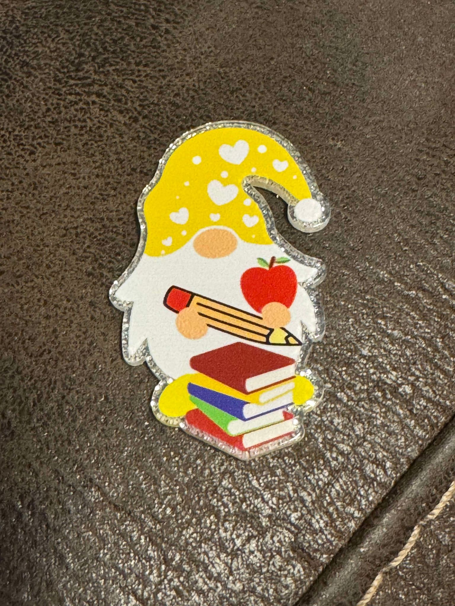 Yellow school gnome, flatback acrylic piece, for badges, pens, earrings etc