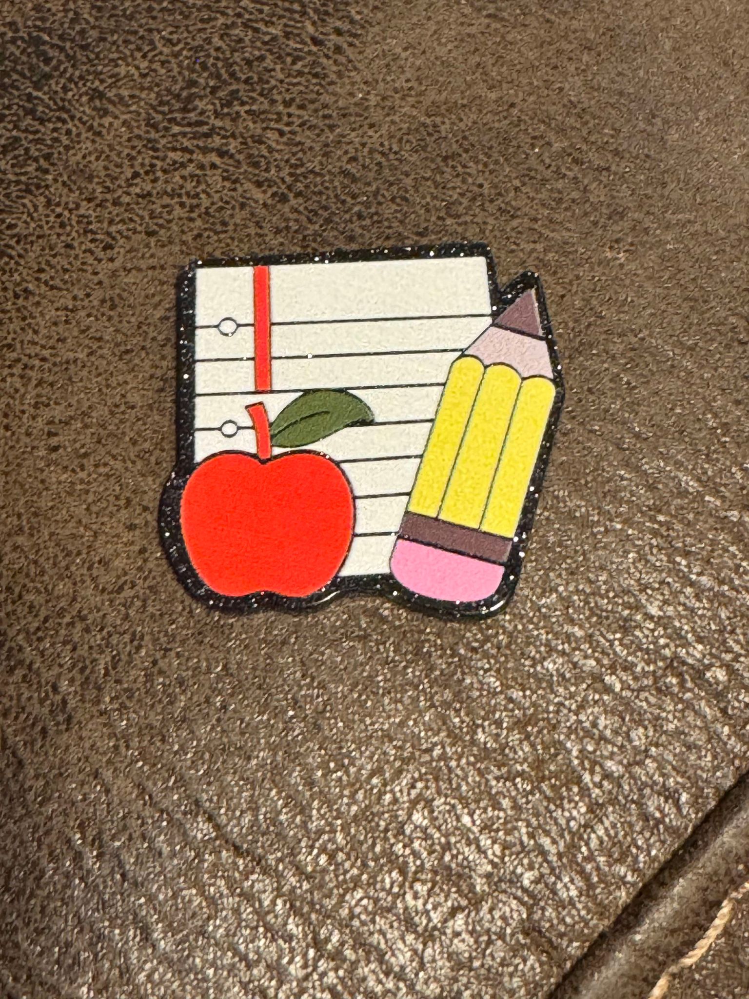 Paper with apple and pencil, teacher, flatback acrylic piece, for badges, pens, earrings etc