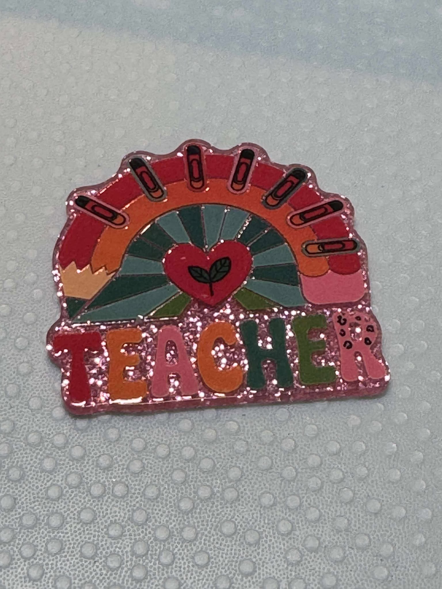 Teacher rainbow pencil acrylic piece, for badges, pens, earrings etc