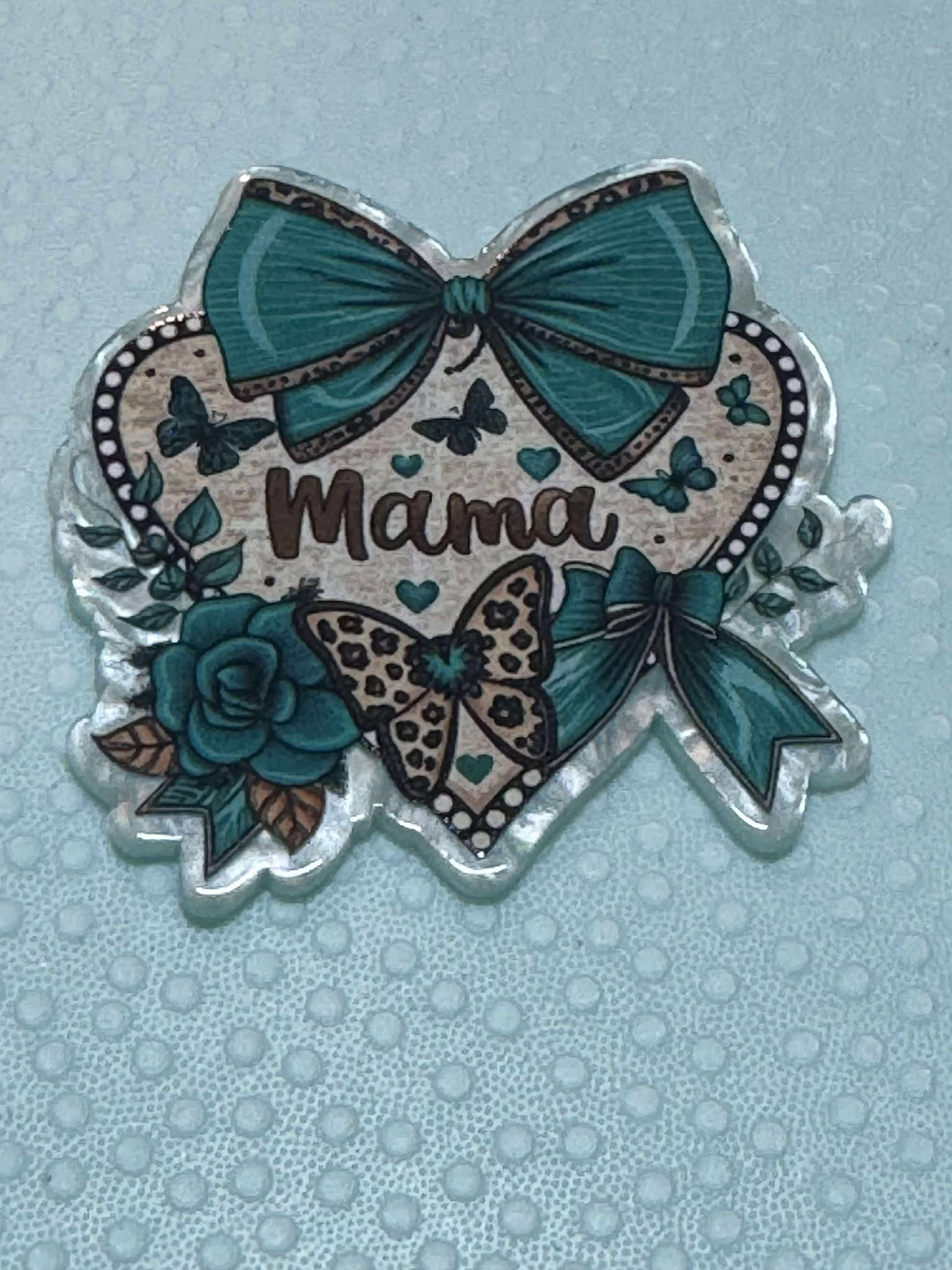 Mama teal bow acrylic piece, for badges, pens, earrings etc