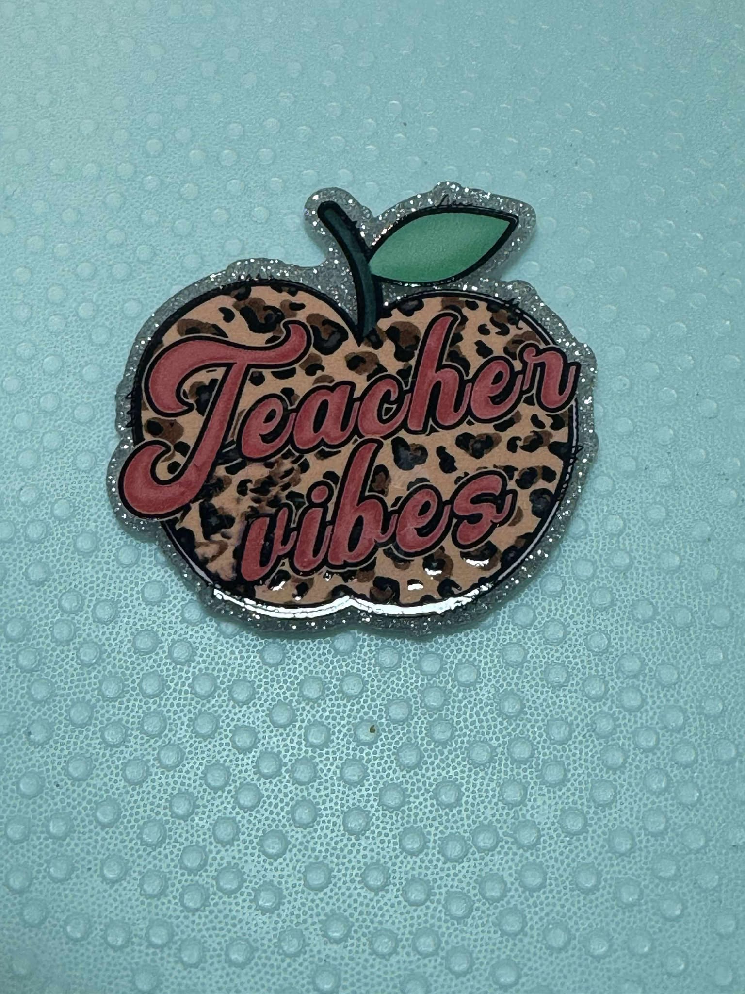 Leopard apple teacher vibes acrylic piece, for badges, pens, earrings etc