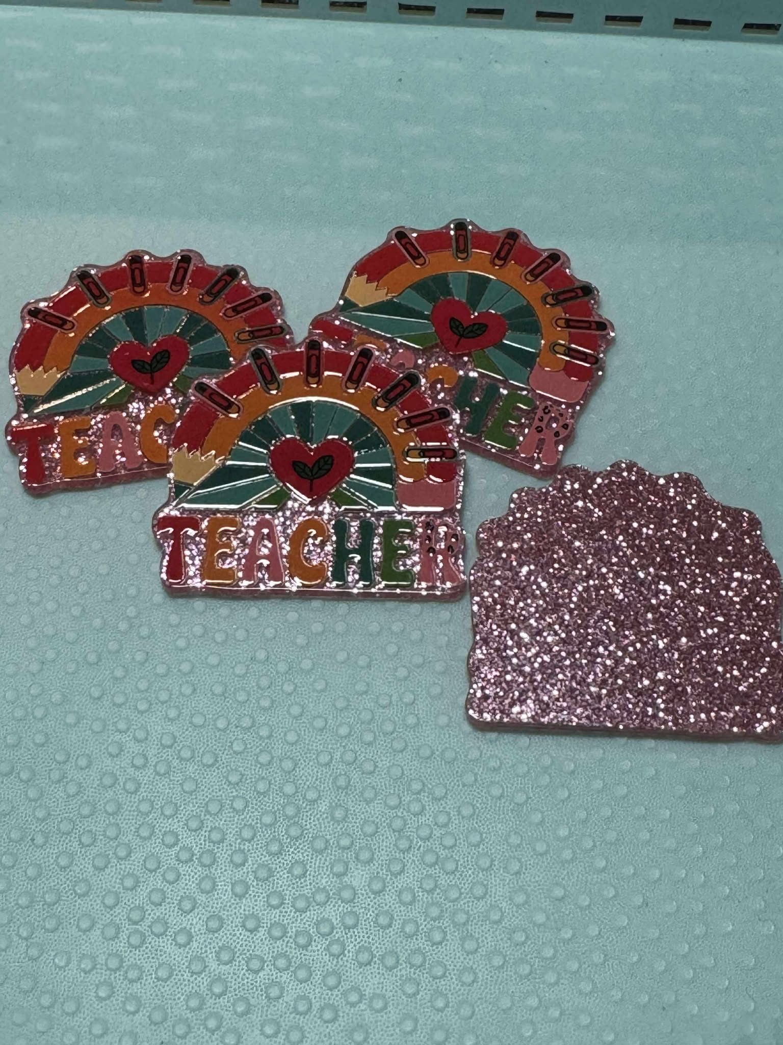 Teacher rainbow pencil acrylic piece, for badges, pens, earrings etc