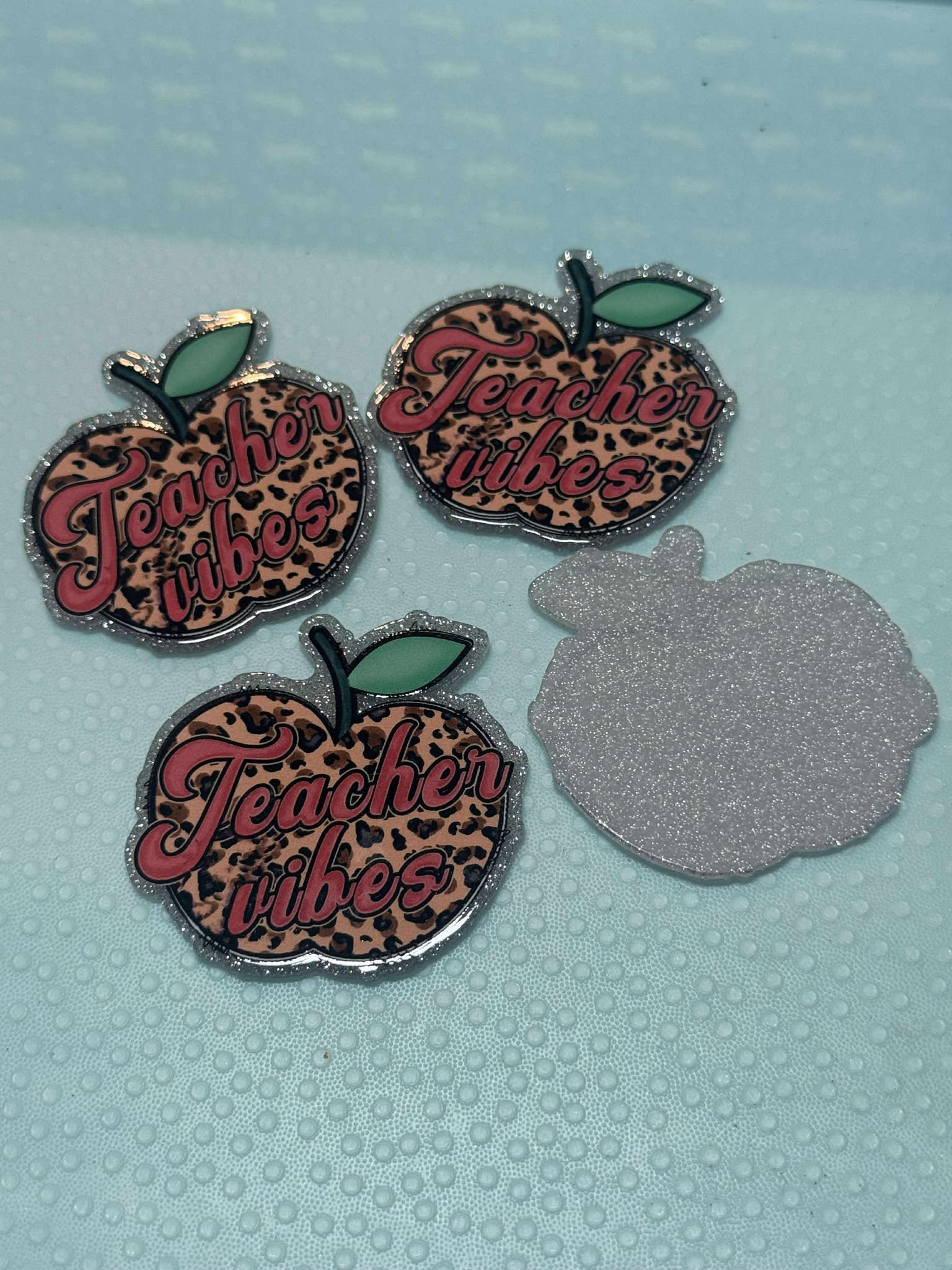 Leopard apple teacher vibes acrylic piece, for badges, pens, earrings etc