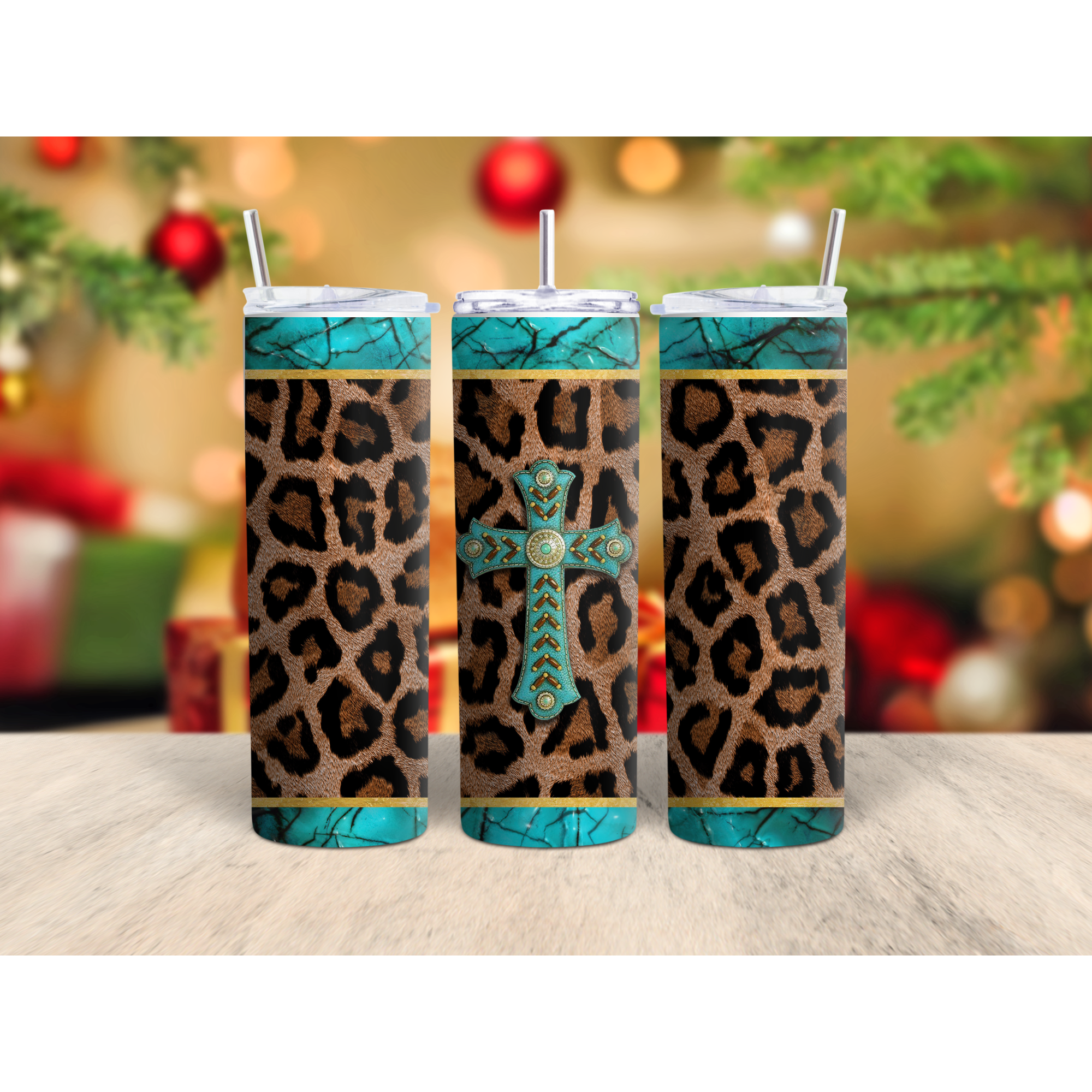 Cross with leopard pattern, straight tumbler, multiple sizes