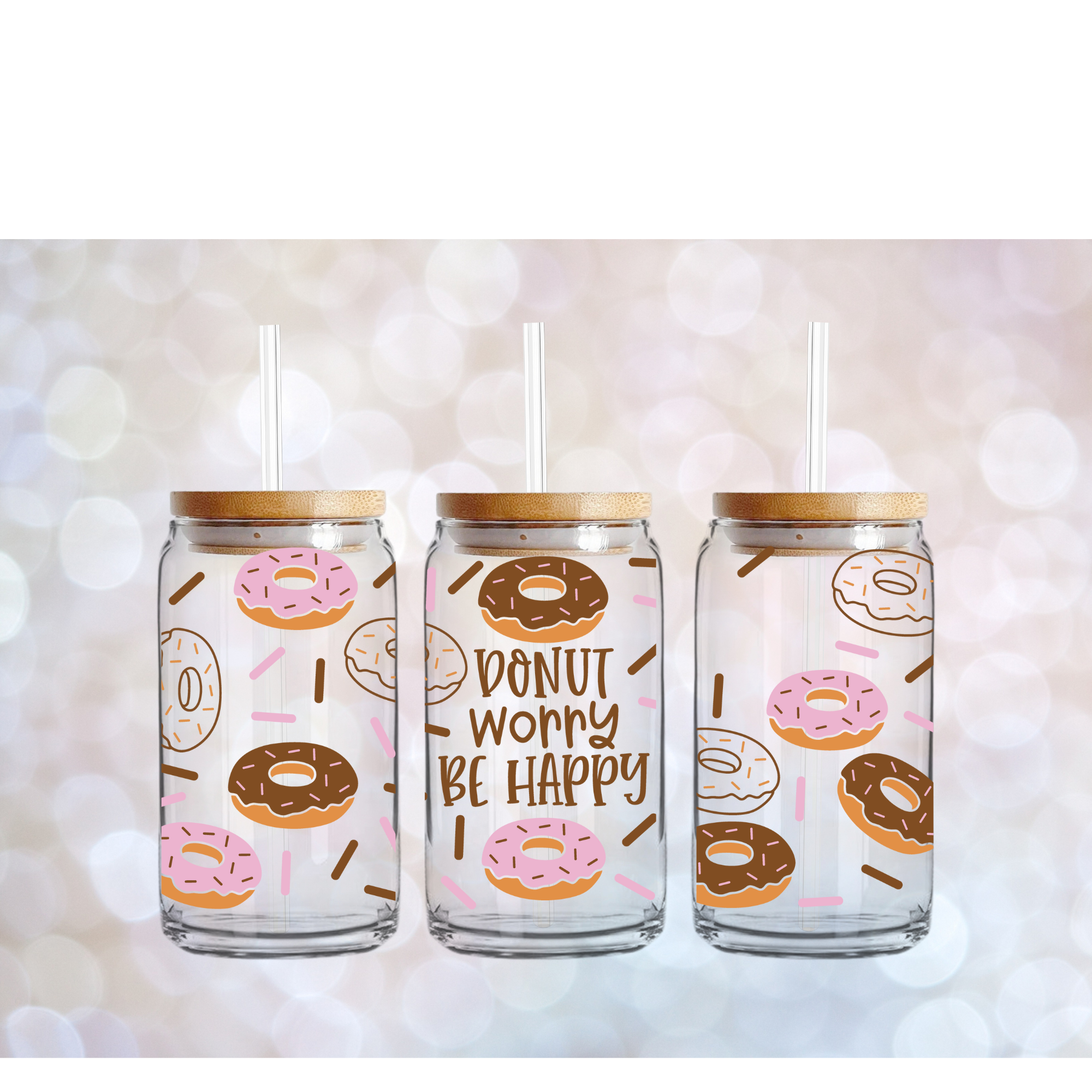 Donut worry glass, with lid and straw