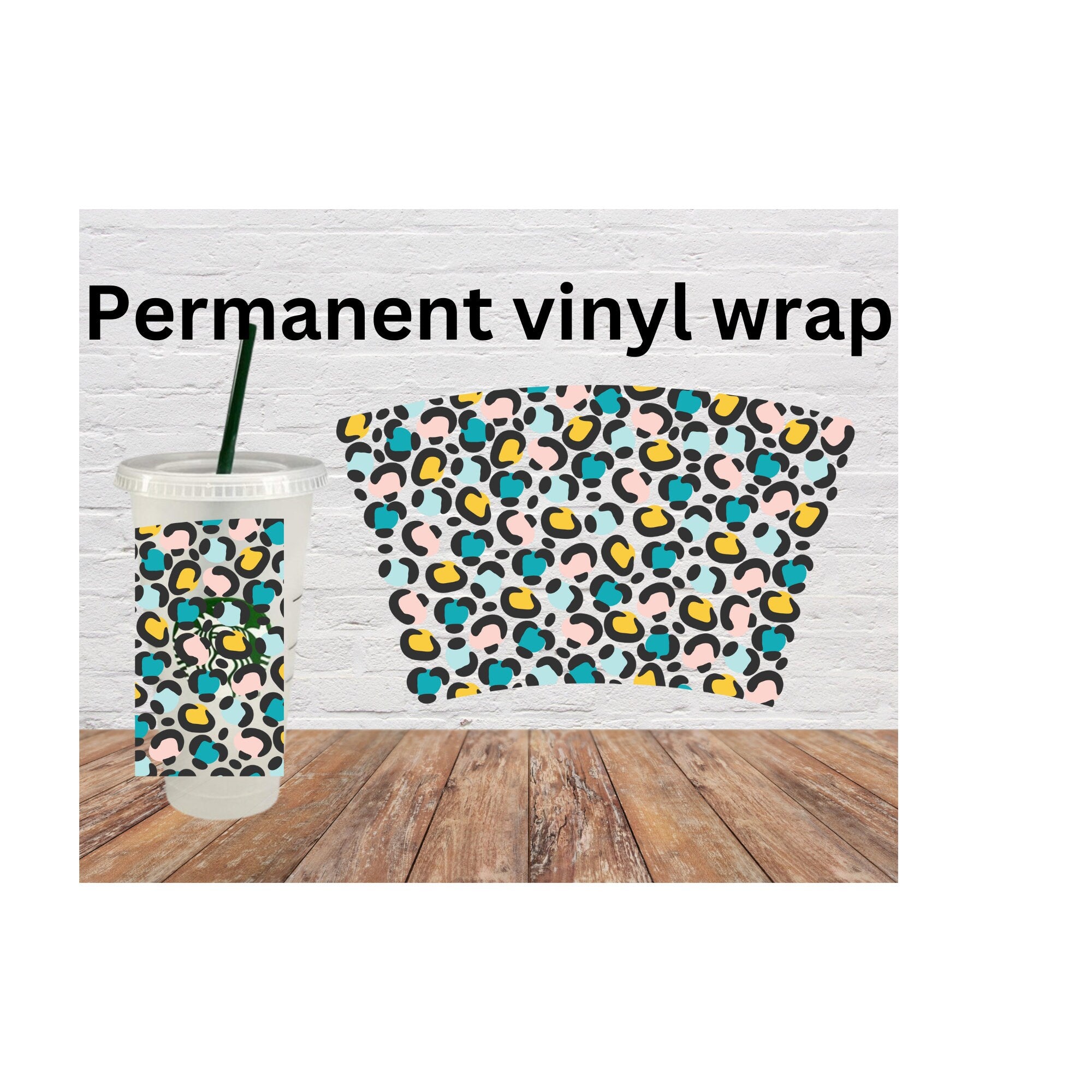 retro leopard cold cup wrap, ready to apply, permanent adhesive vinyl, 80's style wrap, 24 oz venti wrap