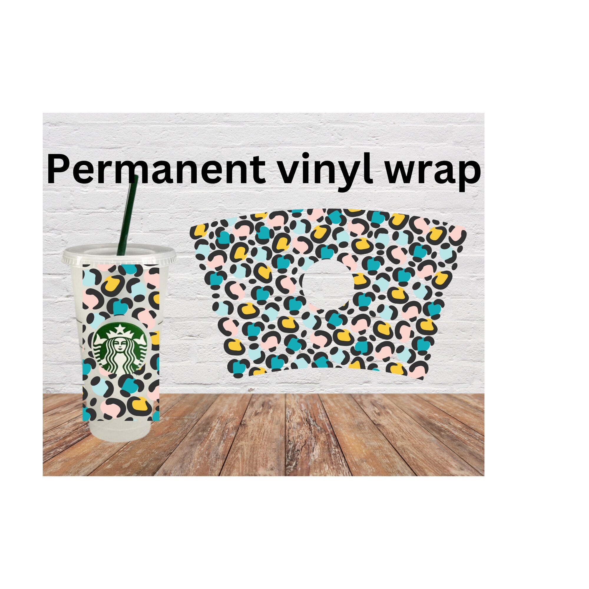 retro leopard cold cup wrap, ready to apply, permanent adhesive vinyl, 80's style wrap, 24 oz venti wrap