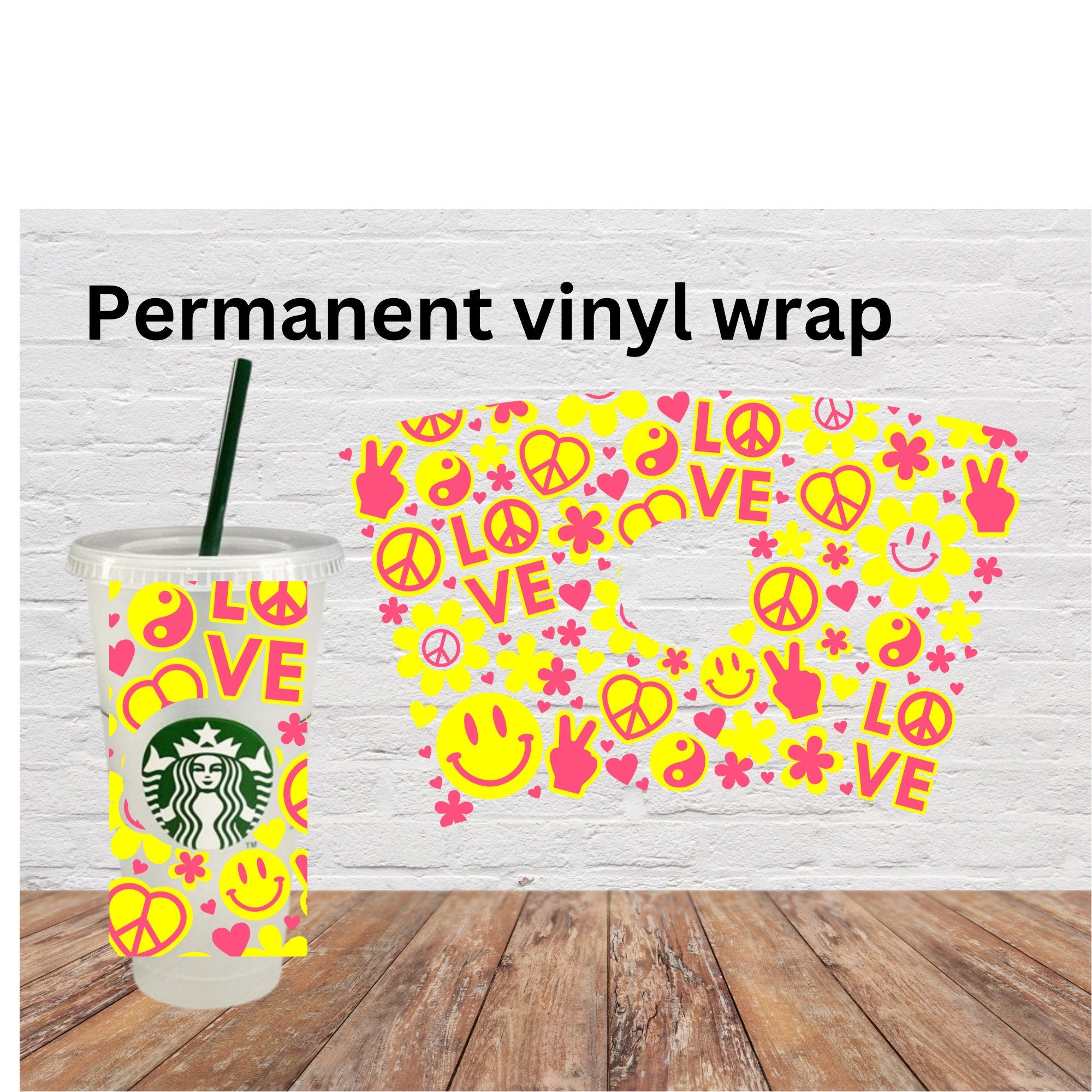 peace and love neon cold cup wrap, ready to apply, permanent adhesive vinyl